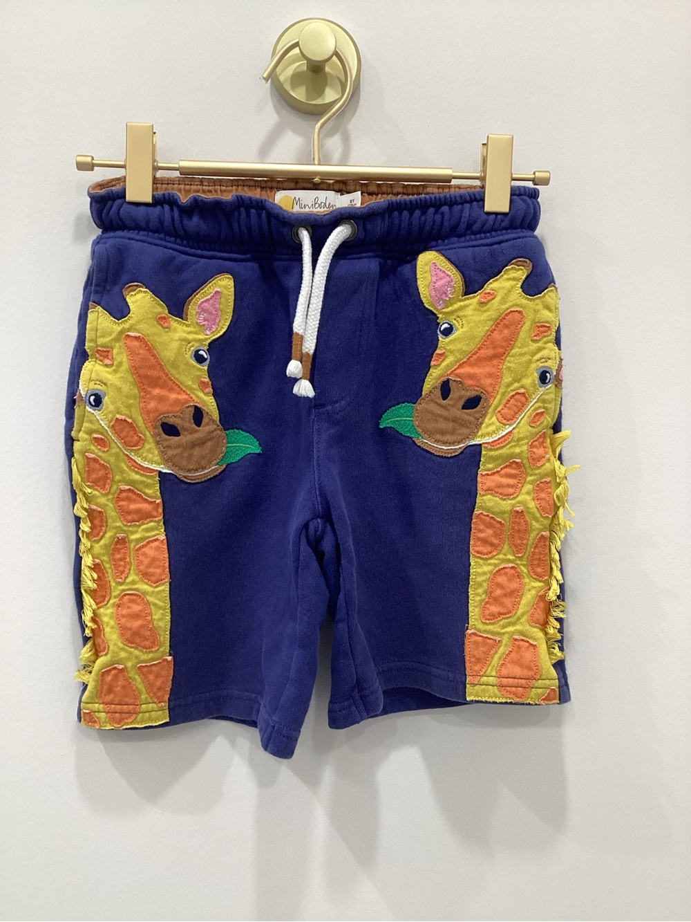 Mini Boden Navy Shorts with Yellow & Orange Giraffe Appliqués